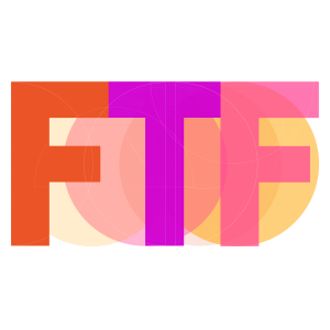 Freelance Task Force Logo: Bold capital initials F in orange,T in a light purple and F in pink sitting on top of 3 overlapping coloured circles: of pastel peach; orange and yellow.